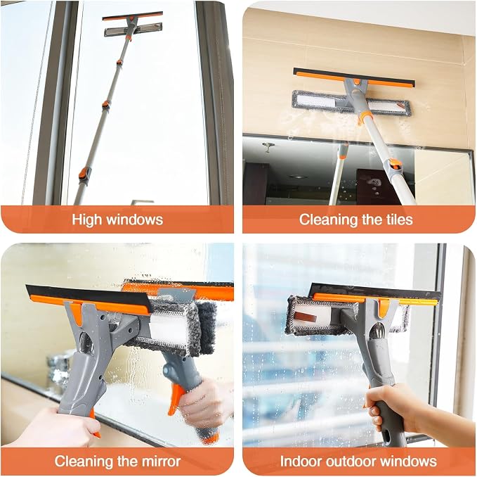 Eazer 76" Spray Window Squeegee Kit with Extension Pole & Pads | 5-Section Pole with Microfiber & Chenille Pads – Streak-free for indoor, outdoor & car windows