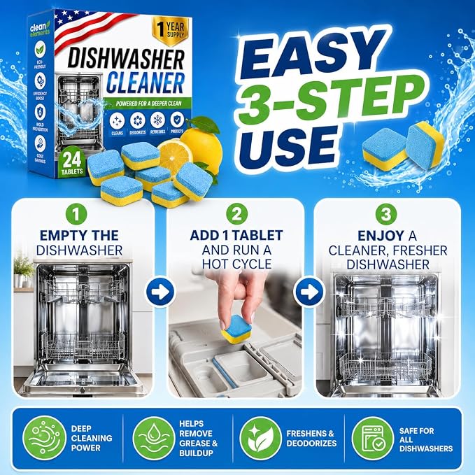 Dishwasher Cleaner Deodorizer Tablets, 24 Pack Dishwasher Cleaning Tablets Descaler Pods for Limescale, Calcium & Hard Water Stains, Lemon Dishwasher Cleaner Pods for Odor, Grease & Machine Care