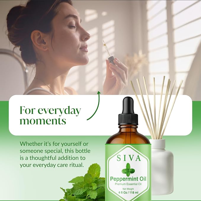 Siva Peppermint Essential Oil, Glass Bottle with Dropper, 4 Fl Oz (118 ml) | Peppermint Oil for Diffuser, Humidifier, Skin Care, Hair Care, Scalp Care, Body Massage, Soap Making, Blending & DIY Projects