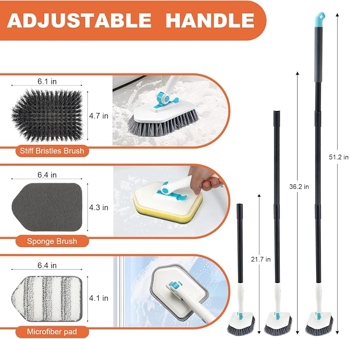 Long Handled Scrub Brush for Shower,3-in-1 Cleaning Brushes with 3 Different Function Cleaning Heads Brush for Shower Cleaning Bathroom Kitchen Walls Tub Tile (White)