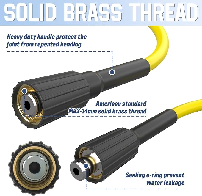 PVC Pressure Washer Hose 50 FT x 1/4", Kink Resistant Power Washer Hose, High Pressure Water Hose Extension Replacement for Home Use with M22-14mm Brass Fittings, 3300 PSI, Yellow