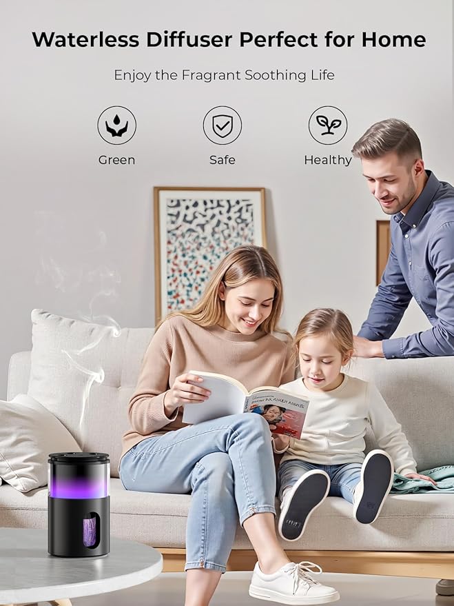 Waterless Essential Oil Diffuser: 𝟗-𝐂𝐨𝐥𝐨𝐫 𝐋𝐄𝐃 for Home | Portable Scent Diffuser - No Water No Heat For Pure Aroma - 48H Battery 3 Mist Levels & 4 Timers for Car Office