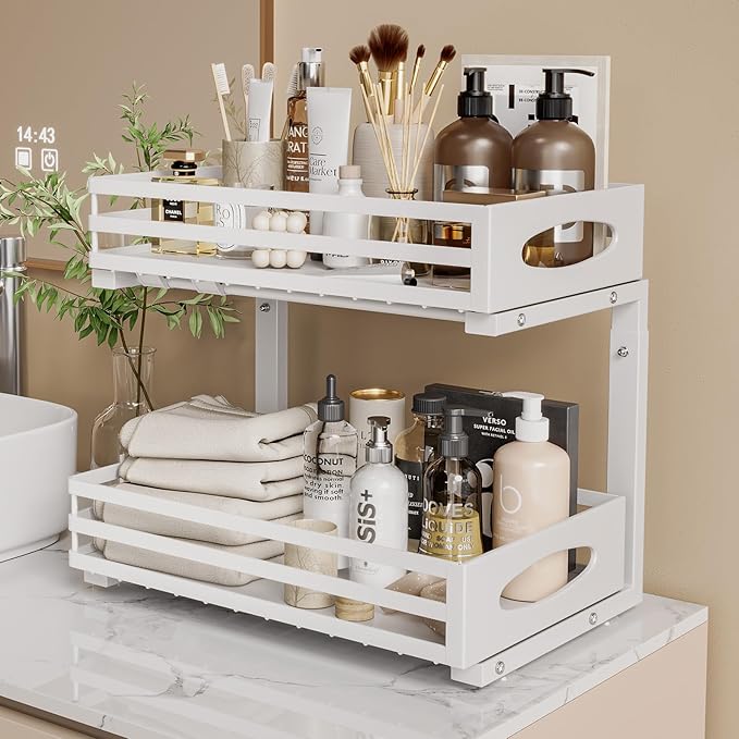 Under Sink Organizer, 2 Tier Under Sink Organizers and Storage, Adjustable Height, Slide Out Metal Cabinet Organizers, Pull Out Cabinet Storage Drawer Shelf for Kitchen Bathroom White, 1 Pack