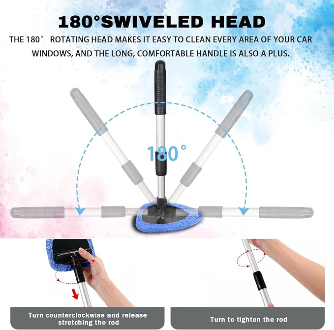 Windshield Cleaning Tool, Car Window Cleaner with Extendable Handle, 4 Microfiber Pads and Spray Bottle, Auto Interior Exterior Glass Wiper Cleaning Kit Universal for RV, SUV, Truck (Blue)