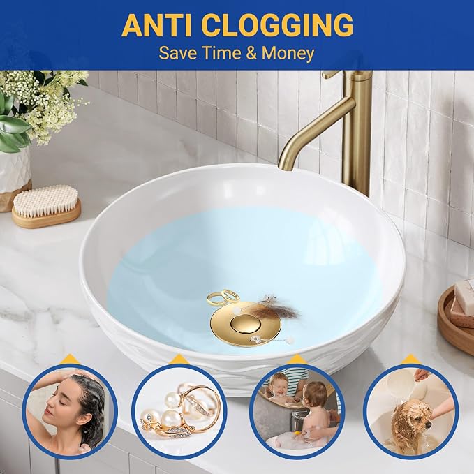 Bathroom Sink Drain Strainer, Pop-Up Bathroom Sink Stopper with Removable Stainless Steel Hair Catcher Basket, Universal Fit for US Bathroom Sinks, Showers & Floor Drains (1pcs-Gold)