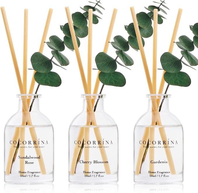 Reed Diffuser Set of 3 with Dried Eucalyptus for Home & Office | Sandalwood Rose/Cherry Blossom/Gardenia Scents, Aromatherapy Scented Oil Diffusers, 1.7 oz Each, Total 5.1 oz