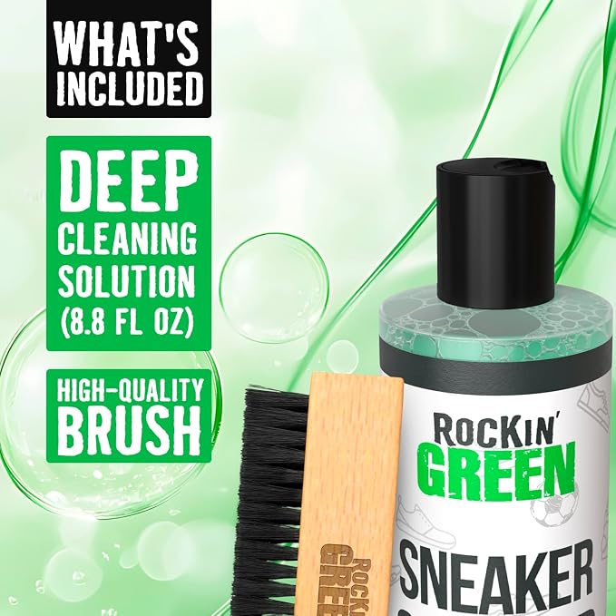 Rockin'Green Shoe Cleaning Kit - Shoe Cleaner Sneakers Solution with Brush Included - Sneaker Cleaner Kit Safe for Mesh, Nubuck, Leather, Suede - Deep Refresh Care Kit (8.8fl oz)
