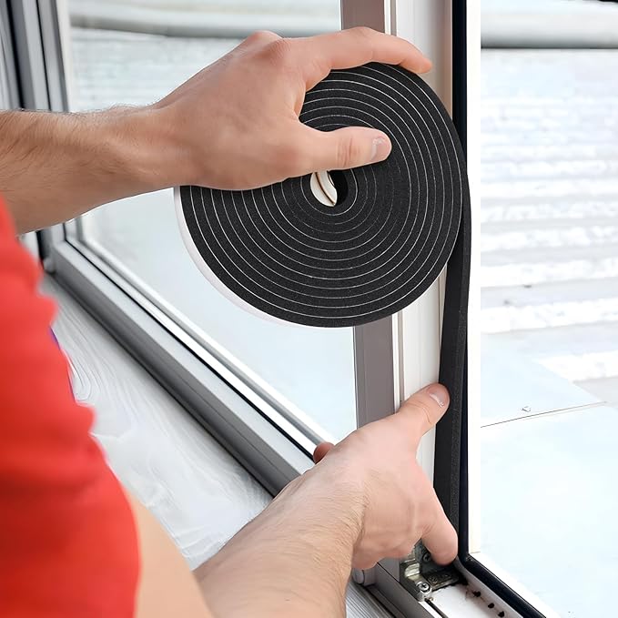 Weather Stripping Door Seal Strip (3/5 Inch X 1/4 Inch X 16Feet), Strong Adhesive, Lightproof, Soundproof, Weatherproof Foam Tape Insulation for Sliding Door, Front Door Frame, Windows- Black