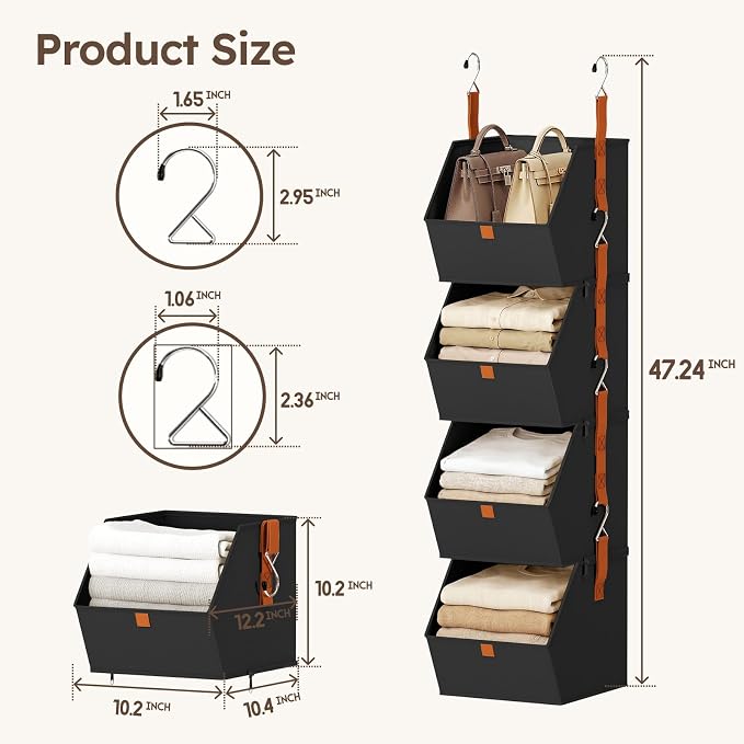 Homsorout Hanging Closet Organizer 4 Tier - Clothes Hanging Shelves, Space-Saving Closet System, Fabric Storage Bins Bedroom Organization, Collapsible Baskets for Home, Dorm, Rv, Black, 8 Pack