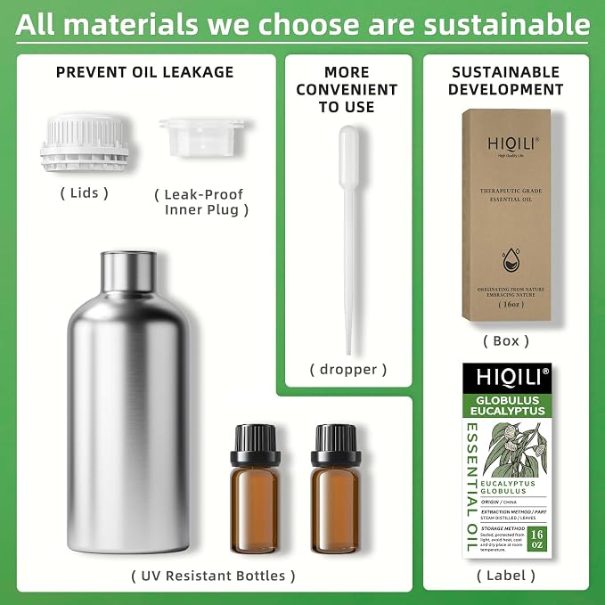HIQILI Eucalyptus Essential Oil for Spray, Diffuser & Skin | with Two Travel Vials, Diffuse for a Crisp, Airy Atmosphere, DIY Blends and Body Massage —500ml / 16 fl oz