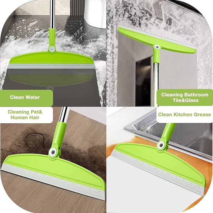 Silicone Air Broom, Multifunction Broom with Long Handle, Adjustable Rubber Squeegee Sweeping Water for Indoor Hardwood Floors, Kitchen,Concrete Floor, Bathroom Tile(Gray Green)