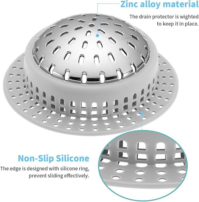 Aluvor Bathtub Drain Hair Catcher Shower Drain Cover Sink Drain Protector | Bathroom Sink & Bathtub Drain Strainer for Pop-Up & Regular Drains, Silver Grey