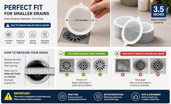 Hair Catcher Shower Drain Strainer – Disposable Mesh Stickers, Prevent Hair Clogs in Bathroom, Kitchen Sink, and Washbasin – Easy Peel & Stick, Smooth Drainage