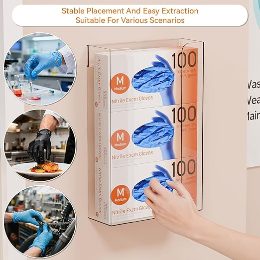 2 Pack Acrylic Glove Box Holder Wall Mount With Adhesive,Disposable Medical Rubber Glove Holder on Wall & Hanging Hospital Hair Net,Mask,Latex Gloves Dispenser,Gloves Rack & Storage,Clear
