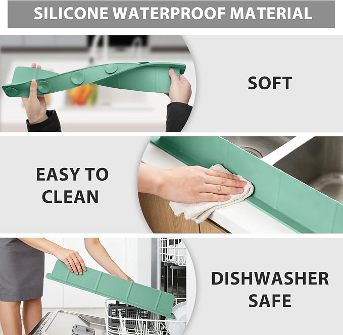 28Inch Silicone Sink Splash Guard with Strong Suction Cups, Flexible Kitchen Sink Splash Guard for Front of Sink, Easy to Clean Splash Guard for Kitchen & Bathroom (Green, 28''x2.8'')