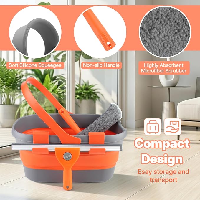 Professional Window Cleaning Kit with Collapsible Bucket for Home, Outdoor | 61" Long Handle Window Squeegee, Microfiber Scrubber, 3 Gal Bucket, High Window Washing Kit, Window Cleaner Tool, Commercial