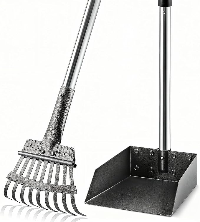 Pooper Scooper, Long Handle Pet Supplies Dog Pooper Scooper with Stainless Metal Tray and Rake for Large Medium Small Dogs Heavy Duty, Use on Grass, Dirt or Gravel