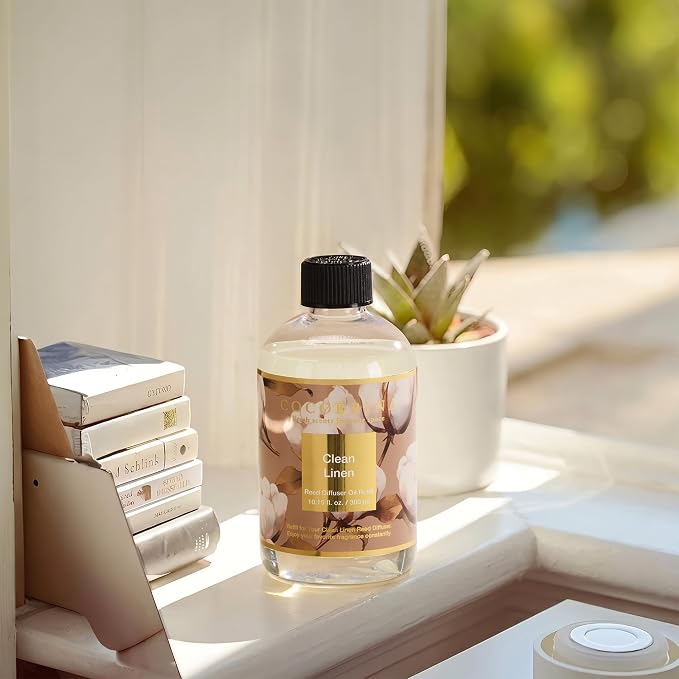 Reed Diffuser Refill Clean Linen 10.14oz (300ml) with 8 Sticks - Premium Long-Lasting Floral Essential Oil, Home Fragrance for Bedroom, Bathroom Home Decor