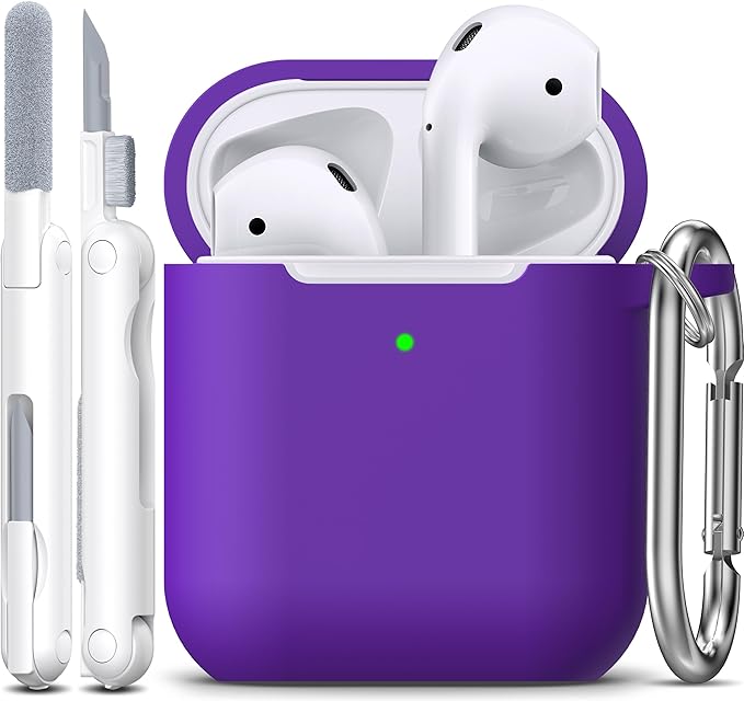 for AirPods 1/2 Case, Soft Silicone Protective Cover with Keychain and Cleaning Pen, Compatible with AirPods 2nd/1st Generation (2016/2019), Full Drop Protection Cover, Purple