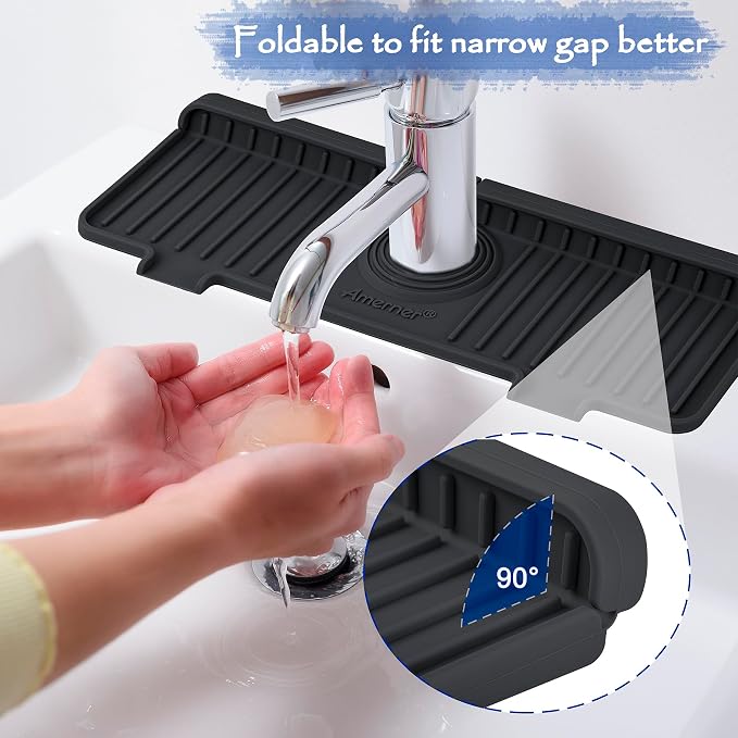 Amerner Kitchen Sink Splash Guard, 10° Large Slope & Adaptable Hole Faucet Mat for Kitchen Sink, Silicone Sink Organizer Sponge Holder for Kitchen, Bathroom, RV, Bar, 14.2” x 5.1”, Black