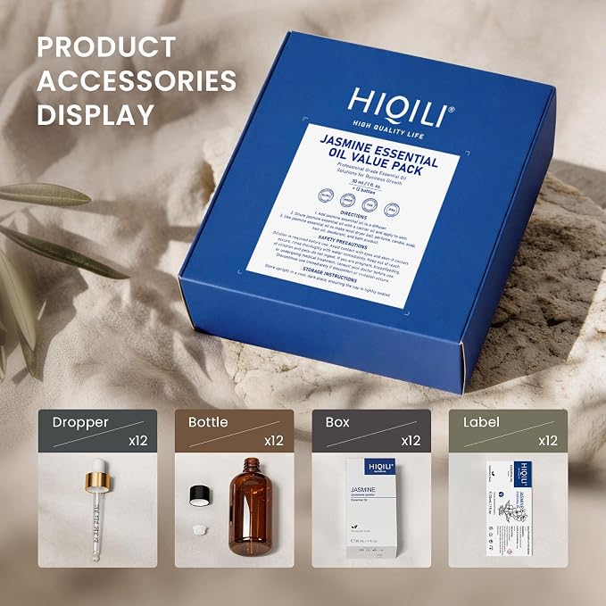 HIQILI Jasmine Essential Oil Set for Skincare, Diffuser & DIY Making | Bulk Wholesale Supply for Spas, Salons, Hotels & Homestays, Ideal for Spa, Sauna and Gift - 12 Bottles / 1 Fl Oz Each