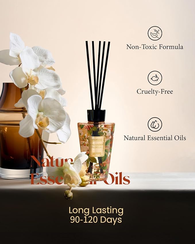 M&SENSE Reed Diffuser, Strawberry Vanilla, 8.79 oz Natural Essential Oil | Non-Toxic Organic, Long-Lasting Fragrance, Ideal for Living Room, Bedroom, Gifts for Women