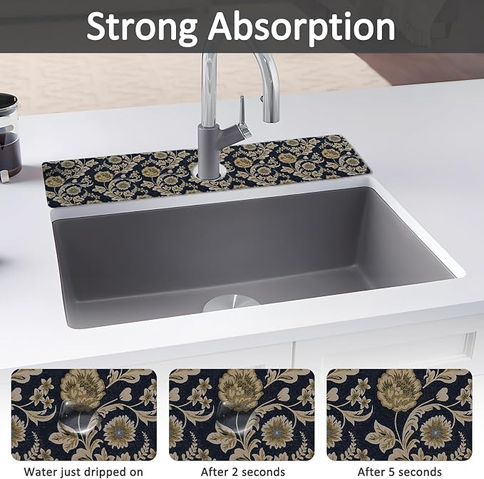 24" X 5.5" Kitchen Sink Splash Guard Faucet Mat Floral Flower Super Absorbent Fast Drying Faucet Guard & Draining Mat Sink Splash Guard Behind Faucet for Kitchen, Bathroom