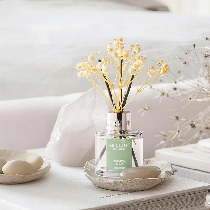 Reed Diffuser Set,1.69 fl oz (50 ml) - Jasmine Mint Oil Diffusers with 8 Reed Sticks,Home Fragrance Reed Diffuser for Bathroom Shelf Decor