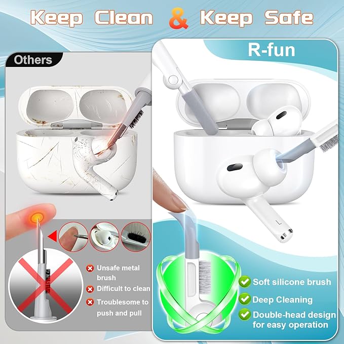 R-fun for AirPods Pro 2 Case, Soft Silicone Protective Cover with Keychain and Cleaning Pen, Compatible with AirPods Pro 2nd/1st Generation, Supports Wireless Charging, Blue