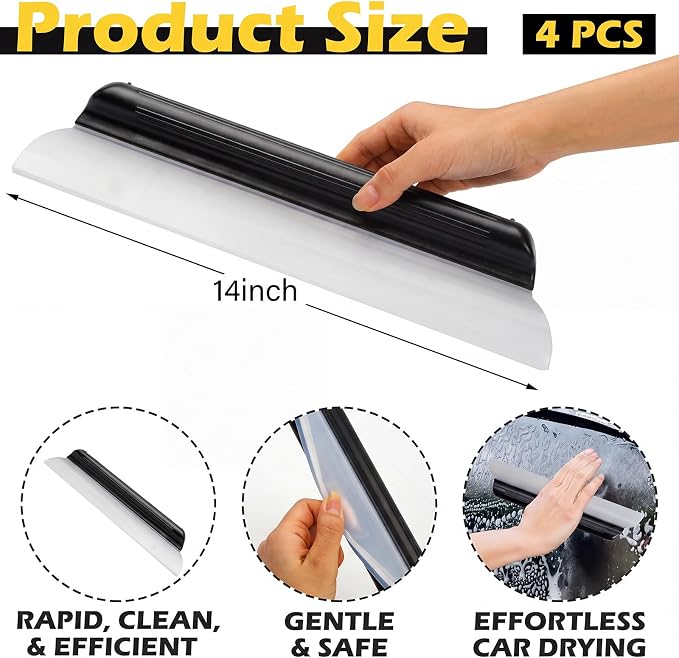 2 Pack 14 Inch Car Drying Squeegee Black Silicone Window Blade | Flexible Silicone for Drying Windshield Shower Glass, Bathroom Window Cleaner, T-bar Design, Long Handle Wash Tool