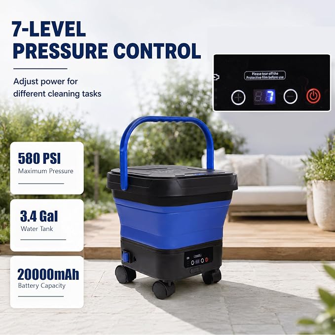 Portable Cordless Washer with 3.4Gal Tank, 580PSI, 7-Level Adjustable Sprayer, 360° Rotating Nozzle, 23FT Hose, 20000mAh Battery, Foldable Design with Wheels for Car, Camping, Garden (Blue)