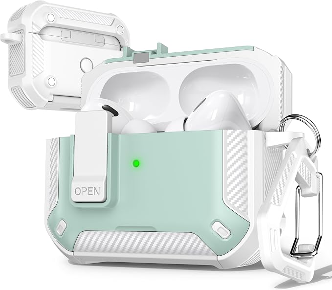 for AirPods Pro 2 Case with Lock Magnetic Lid, White Mint Green | Compatible with AirPods Pro 2nd Generation and AirPods Pro 1st Generation (2019) Case with Cleaner Kit & Carabiner, MagSafe