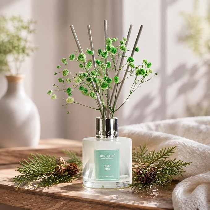 Reed Diffuser Set,3.38 fl oz (100 ml) - Fresh Pine Oil Diffusers with 8 Reed Sticks, Home Fragrance Reed Diffuser for Bathroom Shelf Decor