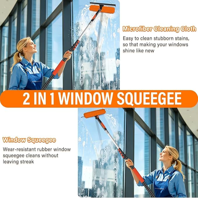 26FT Telescoping Window Squeegee Kit | 2-in-1 Window Washer & Microfiber Scrubber with Extension Pole | High Reach Cleaning Tool for Outdoor, Indoor Windows & Glass
