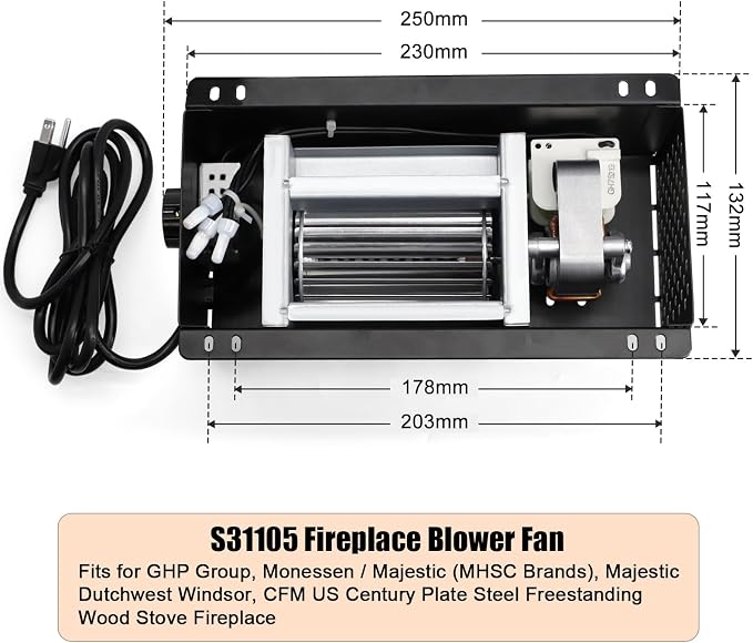Criditpid S31105 Wood Stove Blower Fan for GHP Group, Monessen/Majestic (MHSC Brands), Majestic Dutchwest Windsor, CFM US Century Plate Steel Freestanding Wood Stove Fireplace, Speed Variable Blower.