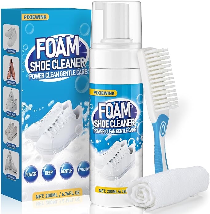 Shoe Cleaner, 6.76 fl oz Shoe Cleaning Kit with Brush and Towel, White Sneaker Cleaner for Removing Stains | Includes Brush & Towel, Removes Dirt & Stains from White Shoes, Sneakers, Leather, Canvas & Mesh, 6.76 fl oz