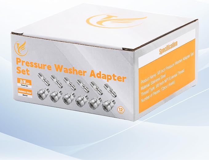 3/8 Inch NPT Pressure Washer Quick Connect Adapter Set, 12-Piece | Stainless Steel Male Thread Fittings for Compatible Hose, Gun, Wand and Surface cCeaner Connections, Rated Up to 5000 PSI