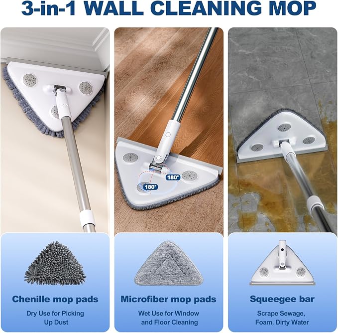 Wall Cleaner Mop with Long Handle, Dust Mop with 6 Reusable Pads | 3-in-1 Wall Duster with Extension pole, 58in Long Handle for Wall/Ceiling/Baseboard/Floors