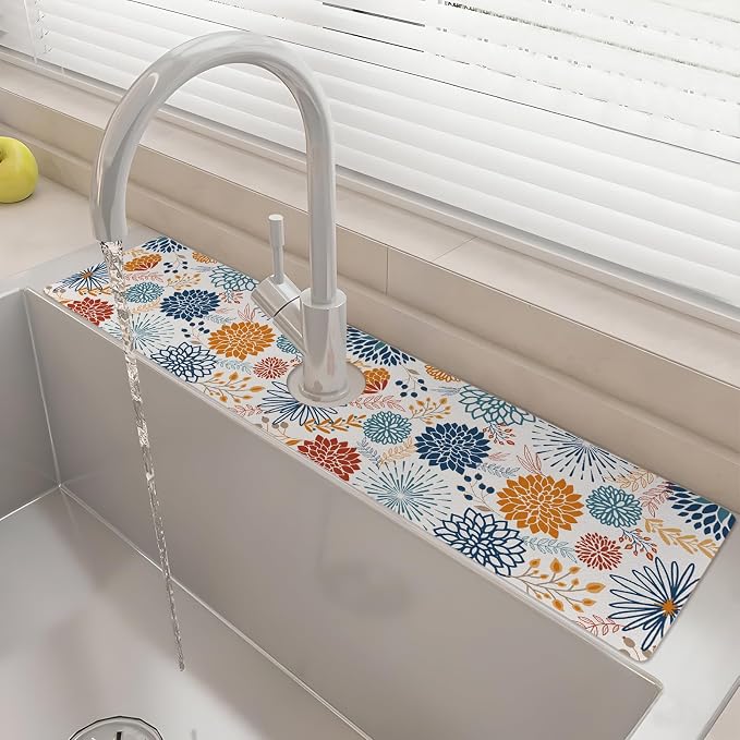 24" X 5.5" Kitchen Sink Splash Guard Faucet Mat Mandala Super Absorbent Fast Drying Faucet Guard & Draining Mat Sink Splash Guard Behind Faucet for Kitchen, Bathroom