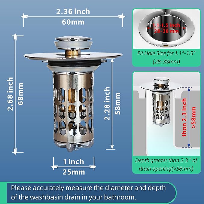 All Metal Pop-Up Stopper(1 Pack，Chrome) Bathroom Sink Drain Strainer Hair Catcher 304 Stainless Steel Filter Basket Brass Bullet Core for Washbasin with a Drainage Outlet of Size 1.1"-1.5"