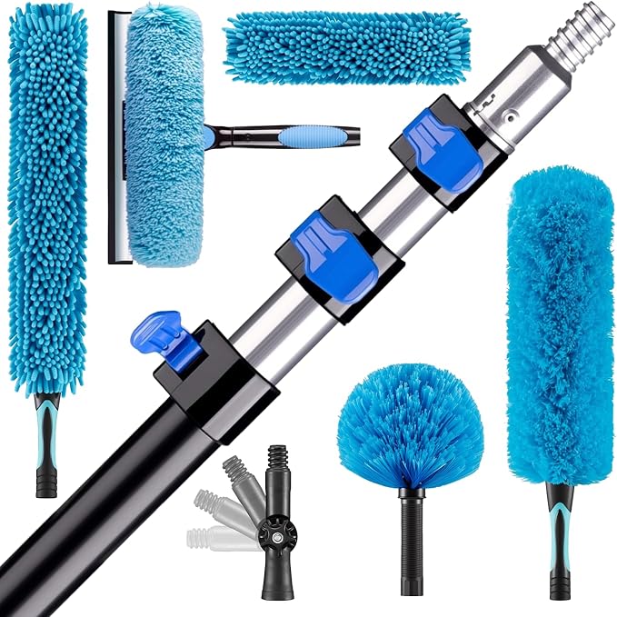 20FT High Reach Duster Cleaning Kit with 5-12 FTExtension Pole, High Ceiling Fan Cleaner Duster Tool for Fan Blades, Extendable Reusable Cobweb, Feather, Window Cleaning Squeegee Kit (12FT)