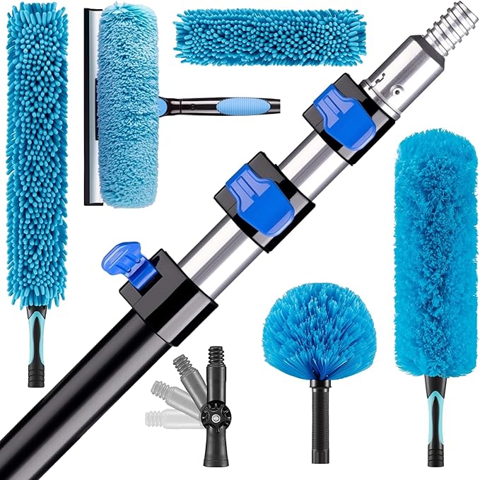 26FT High Reach Duster Cleaning Kit with 5-20 FTExtension Pole, High Ceiling Fan Cleaner Duster Tool for Fan Blades, Extendable Reusable Cobweb, Feather, Window Cleaning Squeegee Kit (20FT)