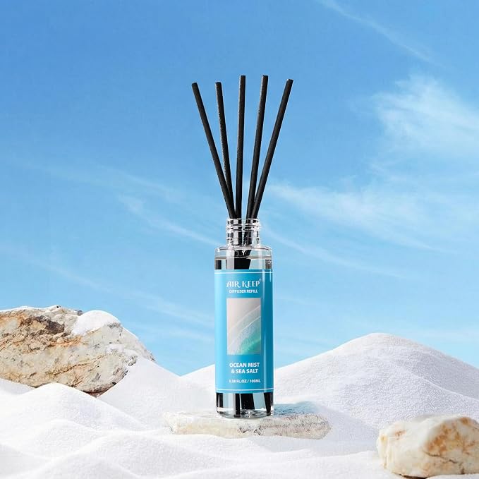 Reed Diffuser Set,1.69 fl oz (100 ml) - Ocean Mist&Sea Salt Oil Diffusers with 8 Reed Sticks,Home Fragrance Reed Diffuser for Bathroom Shelf Decor