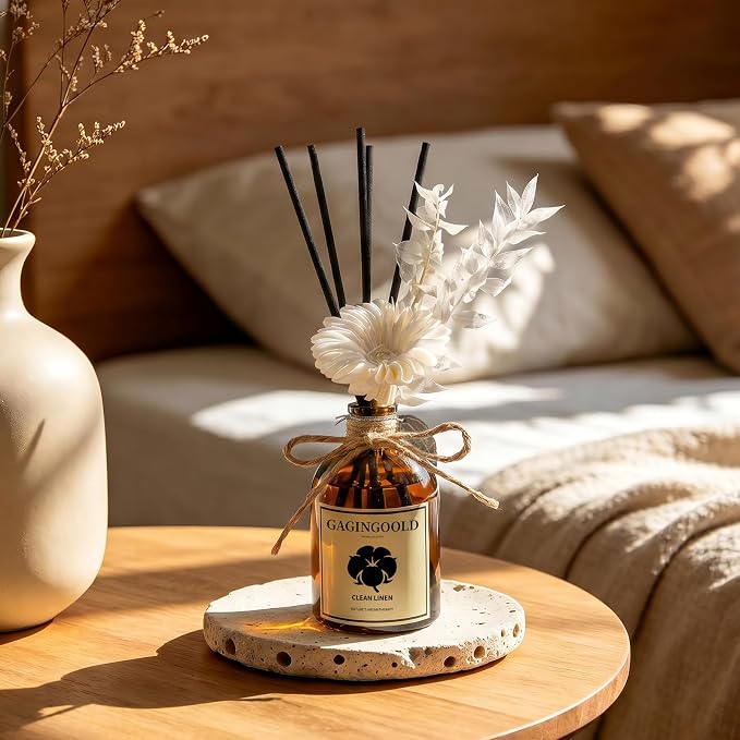 Reed Diffuser Set, Fresh Linen Scent Diffuser with 10 Sticks & Decorative Flower, Long Lasting Diffusers for Home Fragrance, Vintage Decor for Bathroom Bedroom Office Shelf, 5 Fl.oz