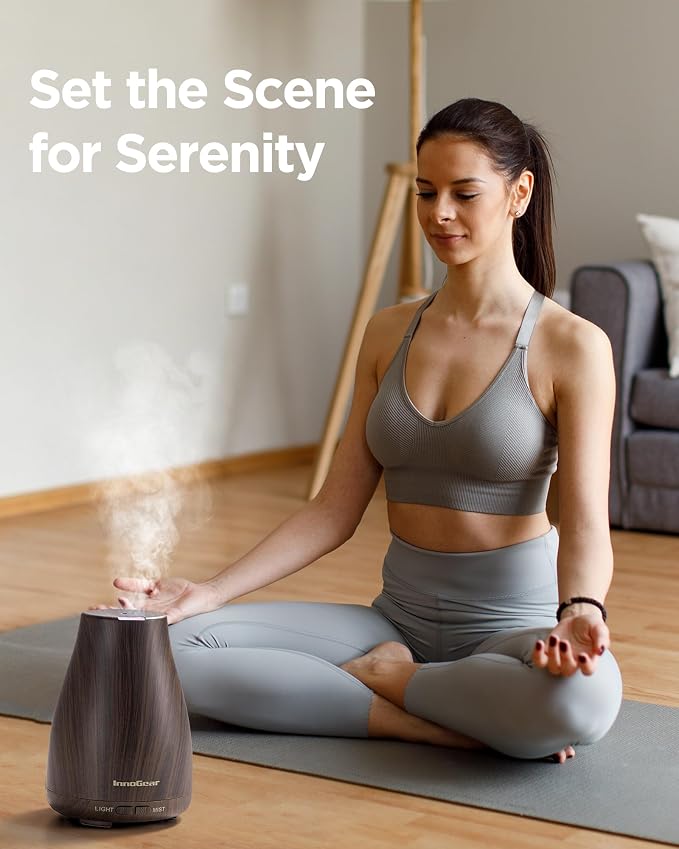 InnoGear Essential Oil Diffuser Ultrasonic Diffusers for Home Scent, Brown | Cool Mist Humidifier, Aromatherapy, Large Room, Run up to 8hrs, Waterless Auto Off, 7 Lights, Living Room, Quiet Operation