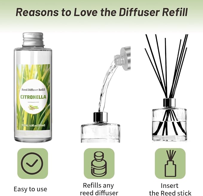 STRN Citronella Reed Diffuser Refill, Lemongrass Scented Diffuser 200ML | Summer Long-Lasting Fragrance for Living Room, Bedroom, Office