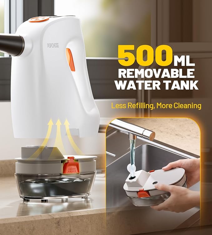 POPCHOSE Handheld Steam Cleaner with Detergent Dispenser | 15s Heat-Up, 500ml Removable Water Tank, Lightweight Portable Steamer for Cleaning Grout, Windows, Kitchen & Bathroom
