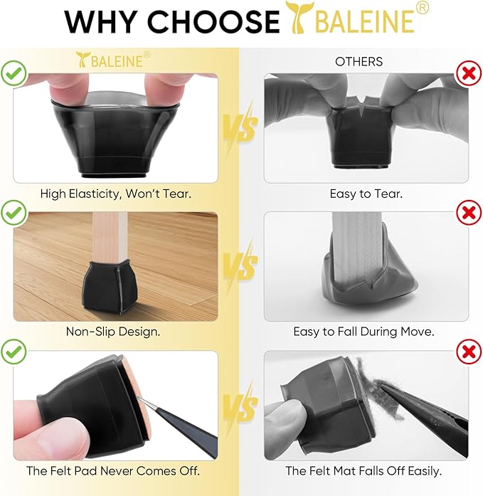 BALEINE 24 Pack Silicone Chair Leg Floor Protectors, Stool Leg Protectors Cap, Non-Slip Chair Leg Caps for Hardwood Floors (Black & Large (Square), 24 Pack)