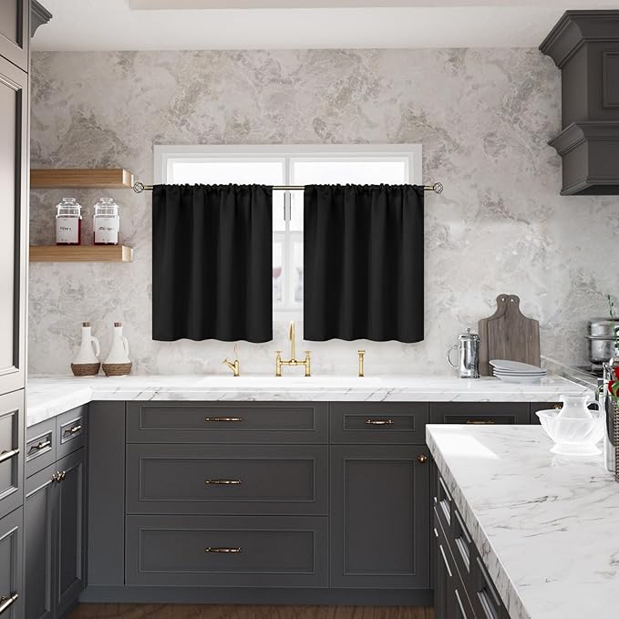 BGment Black Small Curtains 30 Inch Length for Kitchen Cafe Window - Half Window Drapes with Rod Pocket Short Darkening Blinds Privacy for RV Front Door Bathroom, 2 Panels, 29 x 30 Inch