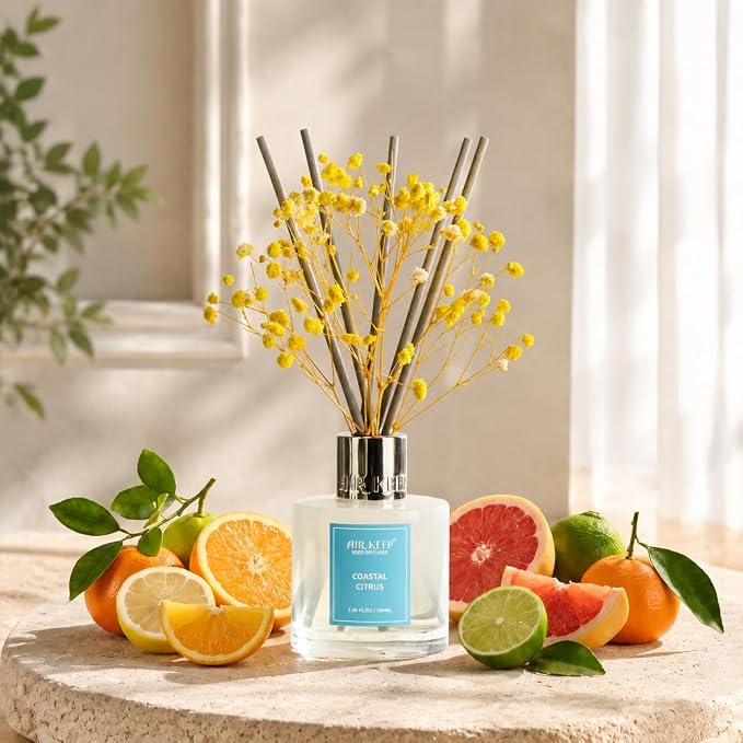 Reed Diffuser Set,3.38 fl oz (100 ml) - Coastal Citrus Oil Diffusers with 8 Reed Sticks, Home Fragrance Reed Diffuser for Bathroom Shelf Decor